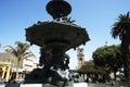 day view of the Ornamental Pile,-water fountain with bronze sculptures in the background cathedral. city Ã¢â¬â¹Ã¢â¬â¹of